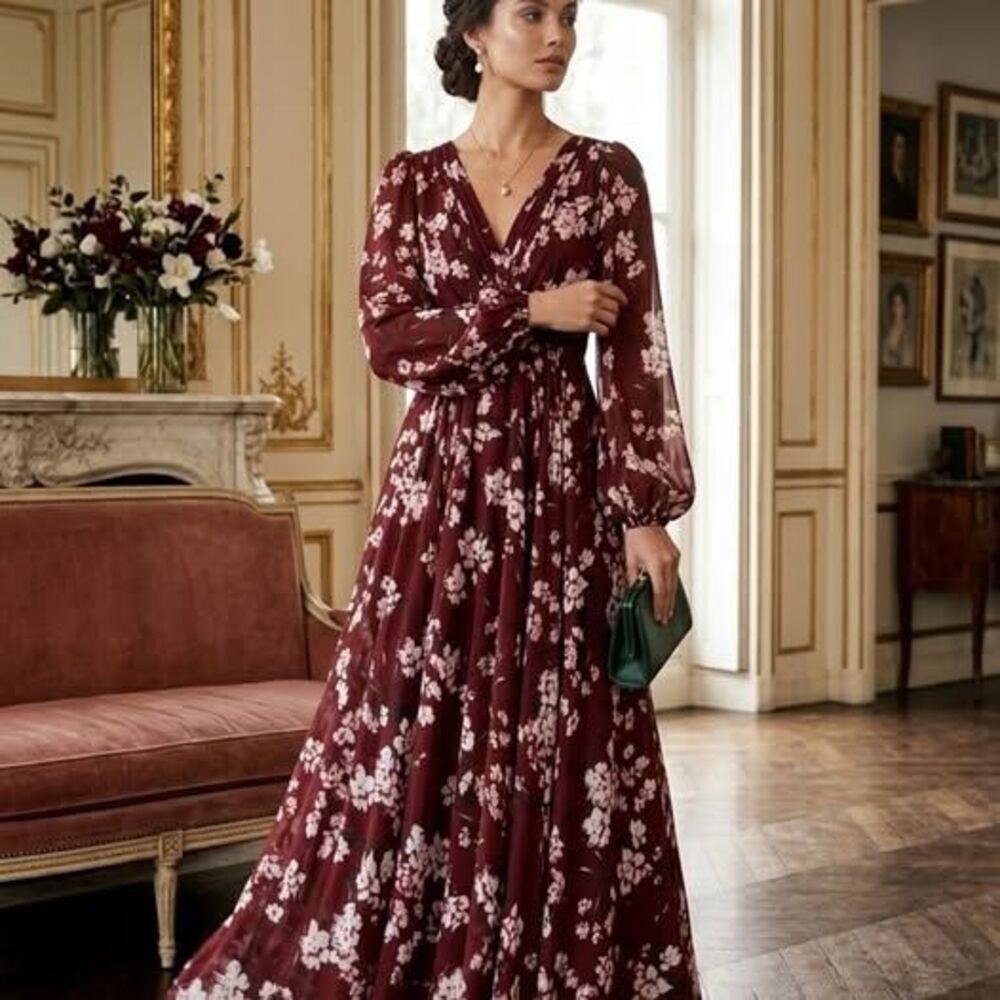 Mac Duggal Burgundy and White Floral Chiffon V‑Neck Maxi Dress